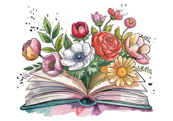 Open Book Silhouette with Flower Graphics for T-Shirt Designs